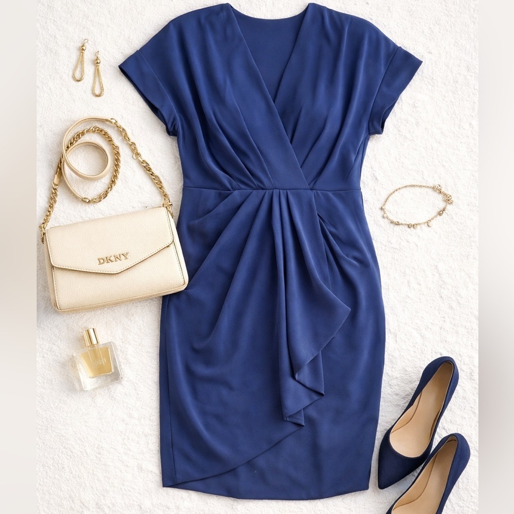 DKNY Twist Front Short Sleeve Blue Mini Dress Size 10 NWT Office Work